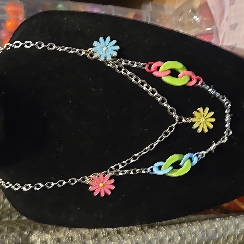 Hand Crafted Pink and Blue Floral Necklace